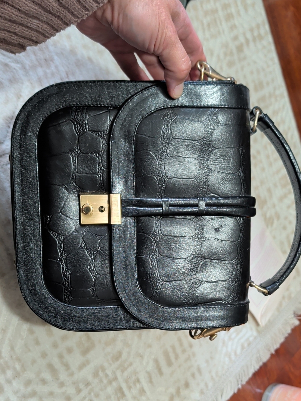 Black Croc-Embossed Top-Handle Satchel with Gold Hardware